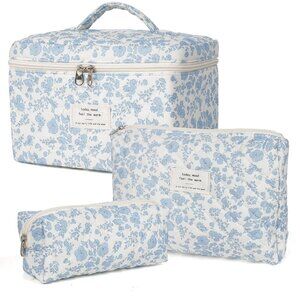 Makeup Bag,Quilted Cosmetic Bag,Large Floral Make Up Bag for Women,Cotton Makeup